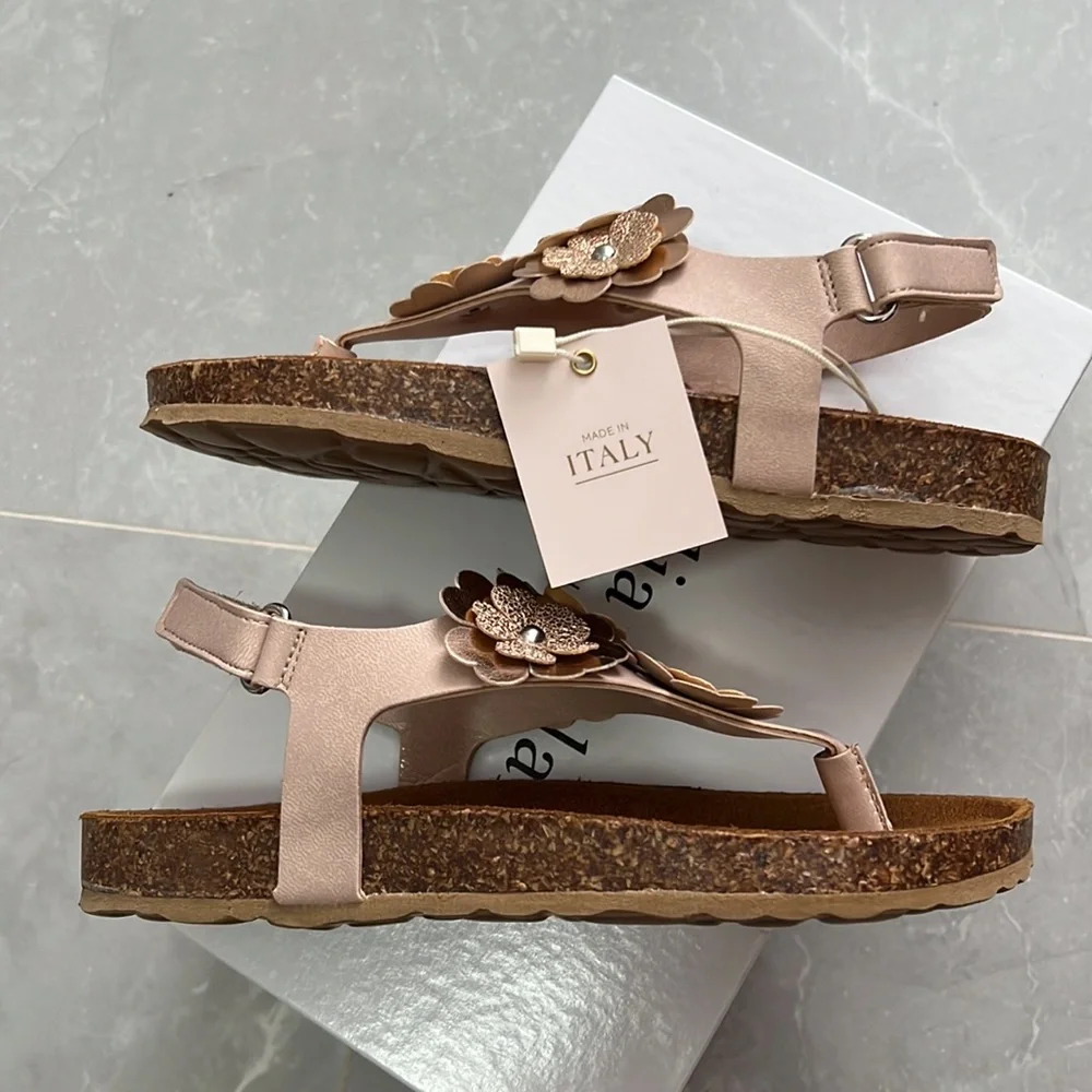 Giulia Palau Made in Italy Big Girl Sandals Velcro Flowers Gold